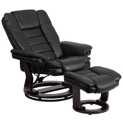 LeatherSoft Contemporary Multi-Position Recliner with Horizontal Stitching and Ottoman with Swivel Mahogany Wood Base in Black (BT-7818-BK-GG)