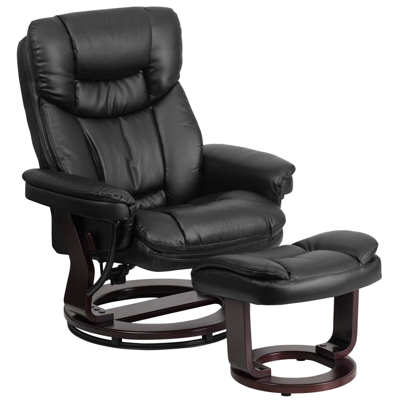 LeatherSoft Contemporary Multi-Position Recliner and Curved Ottoman with Swivel Mahogany Wood Base in Black (BT-7821-BK-GG)