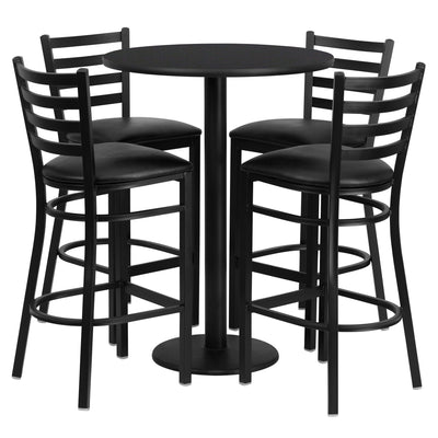 30'' Round Black Laminate Table Set with Round Base and 4 Ladder Metal Barstools (RSRB1021-GG)