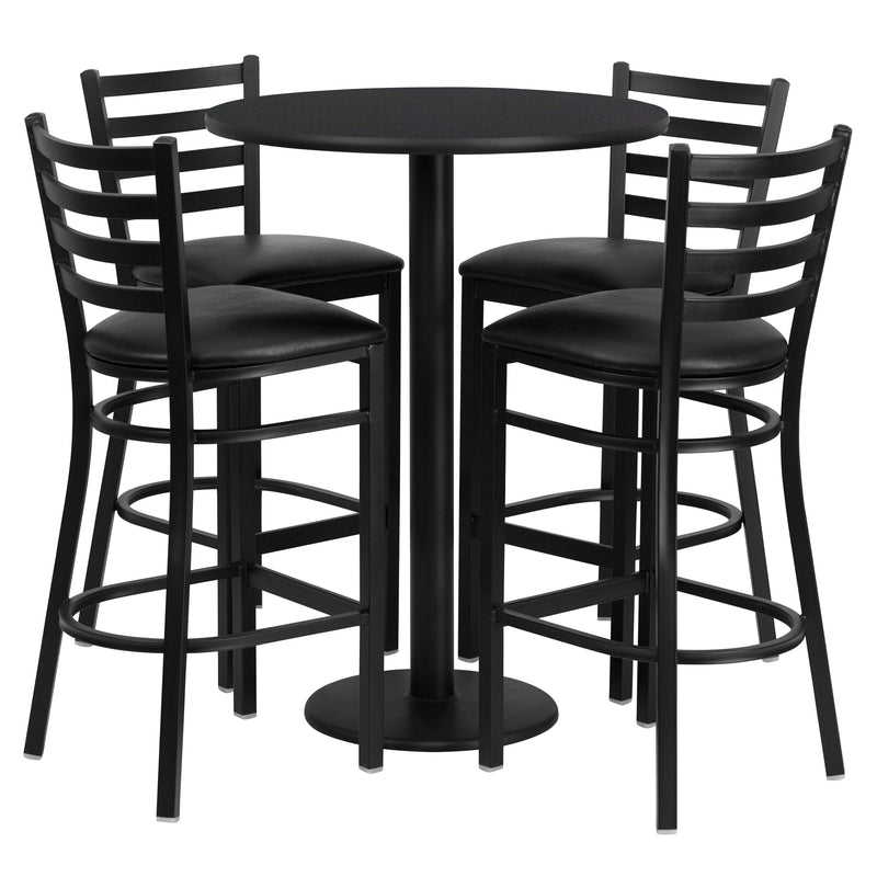 30'' Round Black Laminate Table Set with Round Base and 4 Ladder Metal Barstools (RSRB1021-GG)