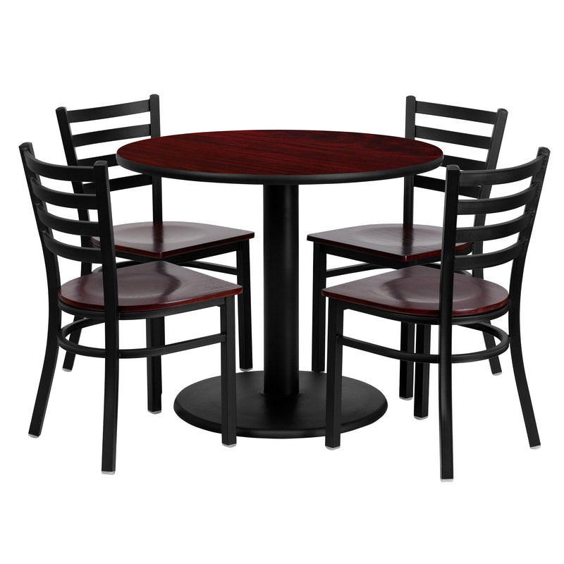 36'' Round Mahogany Laminate Table Set with 4 Ladder Back Metal Chairs (MD-0004-GG)