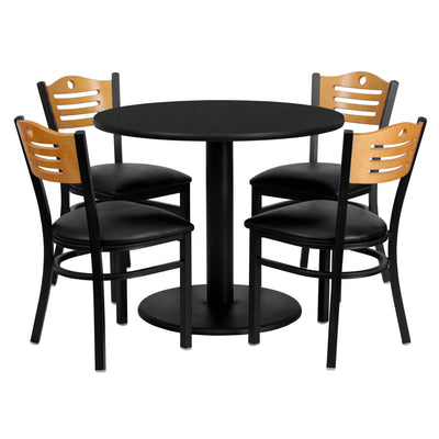 36'' Round Black Laminate Table Set with 4 Wood Slat Back Metal Chairs (MD-0009-GG)